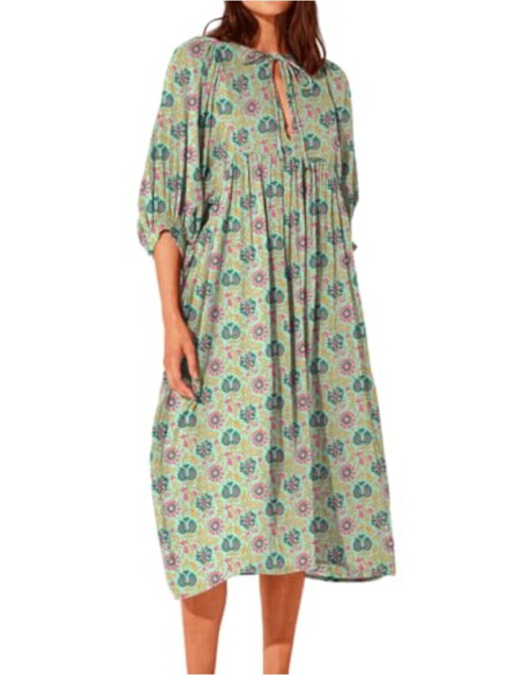 Bohemian Floral Midi Dress V-Neck Puff Sleeve Rayon Summer Swing Beach